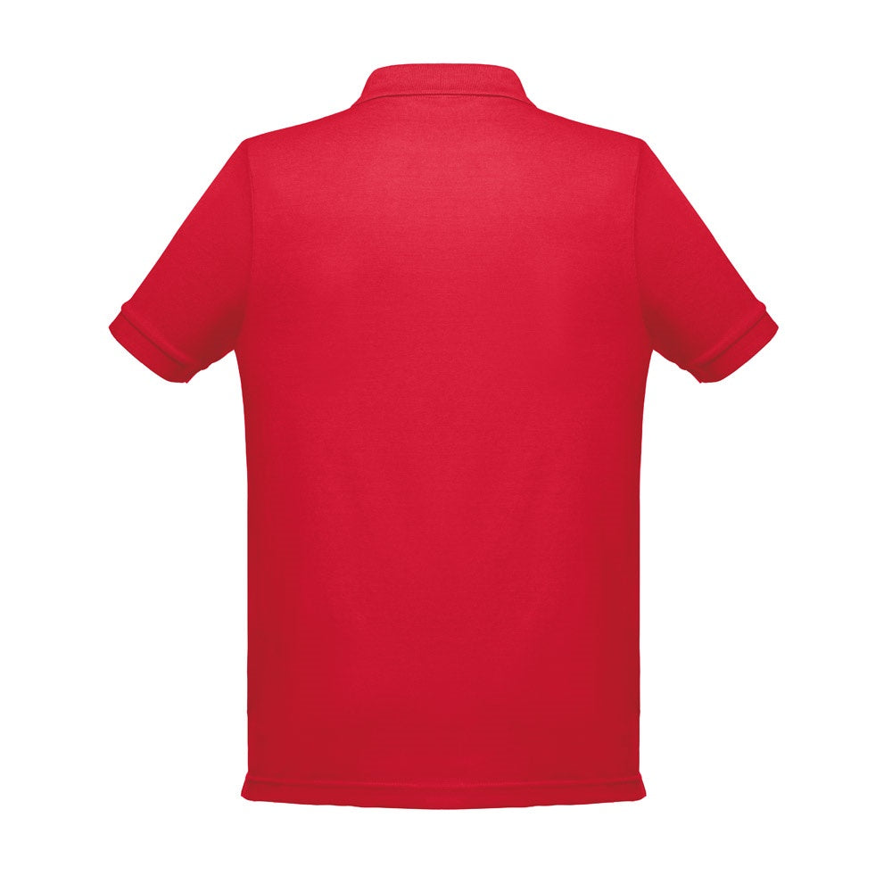 THC BERLIN promotional polo shirt in red (detail view) with custom logo branding