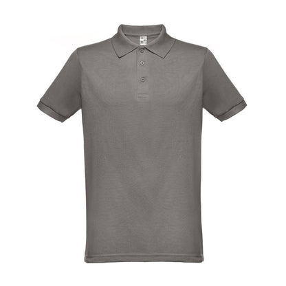 THC BERLIN promotional polo shirt in grey (detail view) with custom logo branding