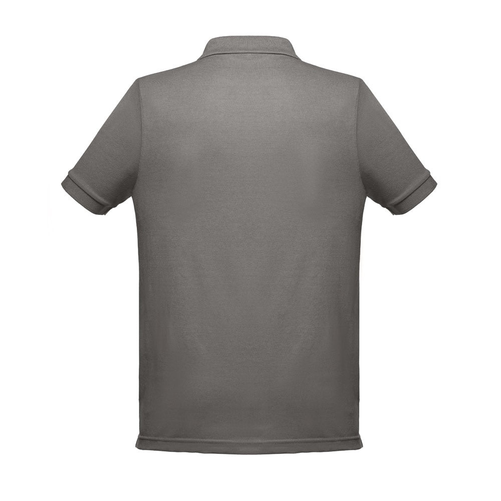 THC BERLIN promotional polo shirt in grey (detail view) with custom logo branding