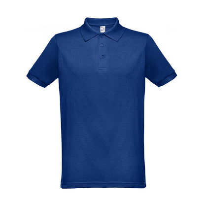 THC BERLIN promotional polo shirt in royal blue (detail view) with custom logo branding