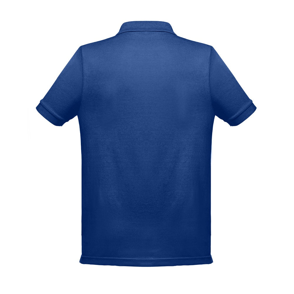 THC BERLIN promotional polo shirt in royal blue (detail view) with custom logo branding