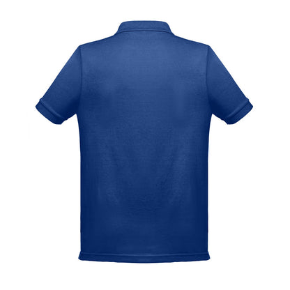 THC BERLIN promotional polo shirt in royal blue (detail view) with custom logo branding