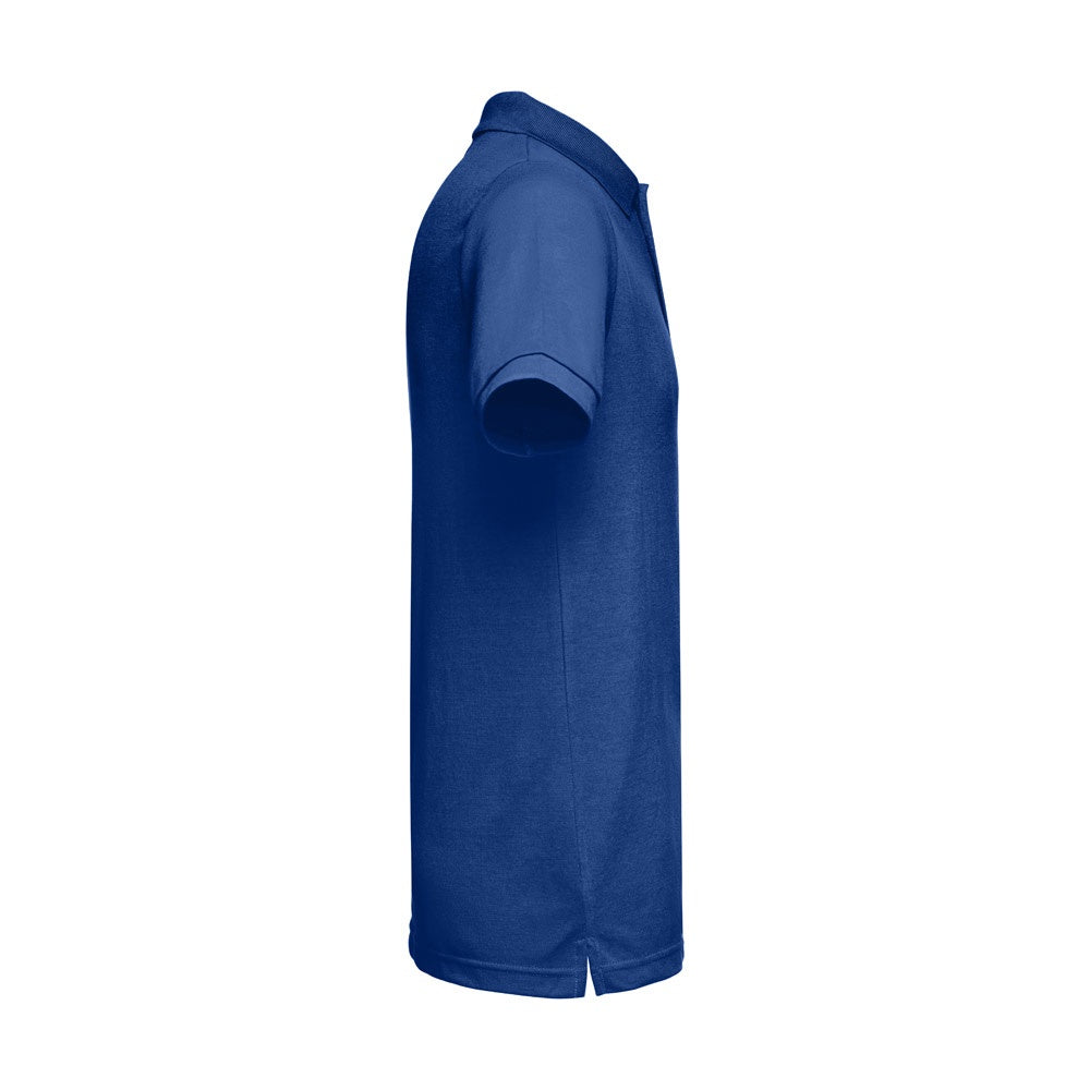 THC BERLIN promotional polo shirt in royal blue (detail view) with custom logo branding