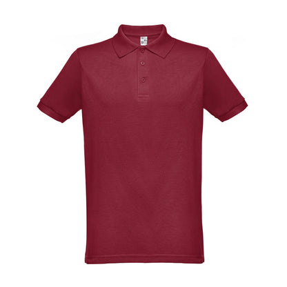 THC BERLIN promotional polo shirt in burgundy (detail view) with custom logo branding