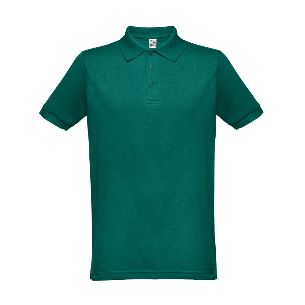 THC BERLIN promotional polo shirt in dark green (detail view) with custom logo branding