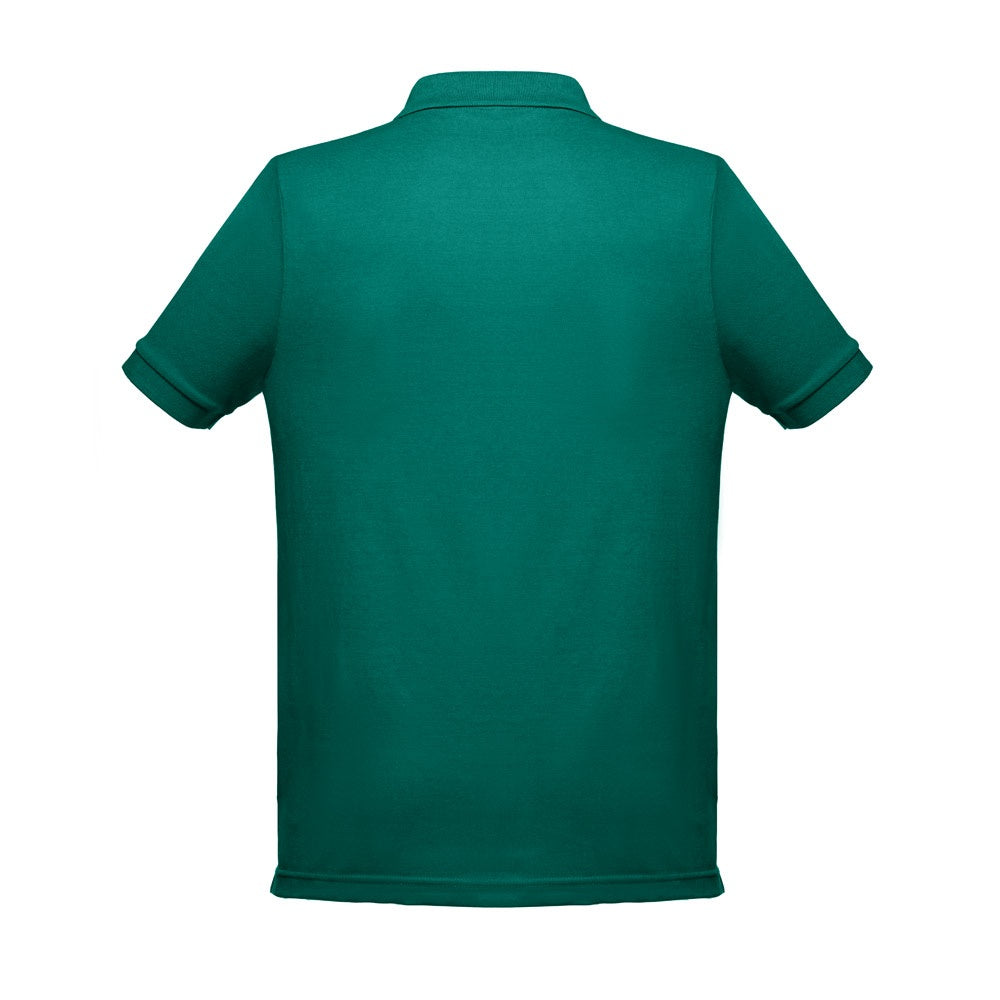 THC BERLIN promotional polo shirt in dark green (detail view) with custom logo branding
