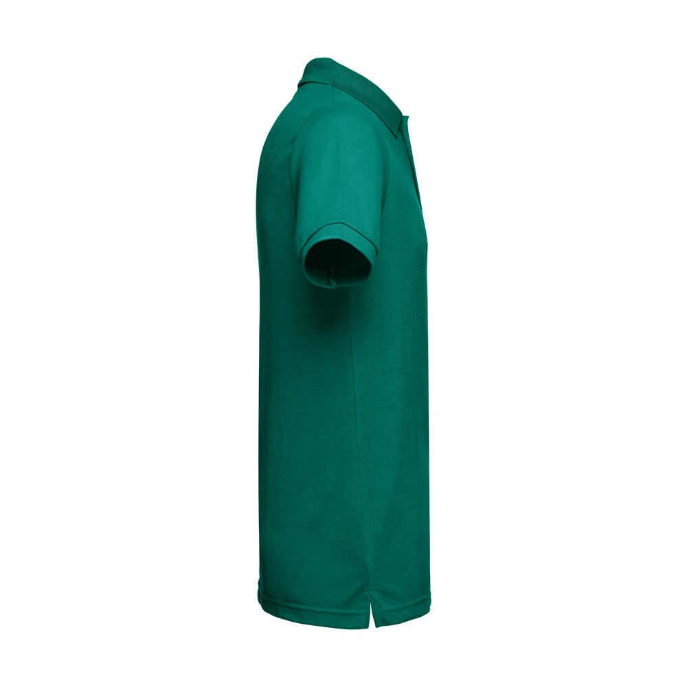 THC BERLIN promotional polo shirt in dark green (detail view) with custom logo branding