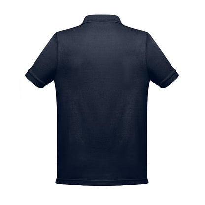 THC BERLIN promotional polo shirt in navy blue (detail view) with custom logo branding