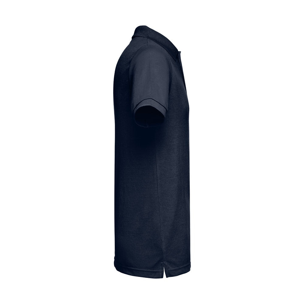 THC BERLIN promotional polo shirt in navy blue (detail view) with custom logo branding