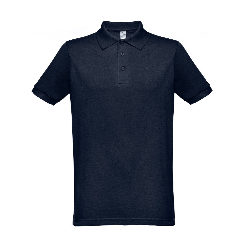 THC BERLIN promotional polo shirt in navy blue with custom logo branding