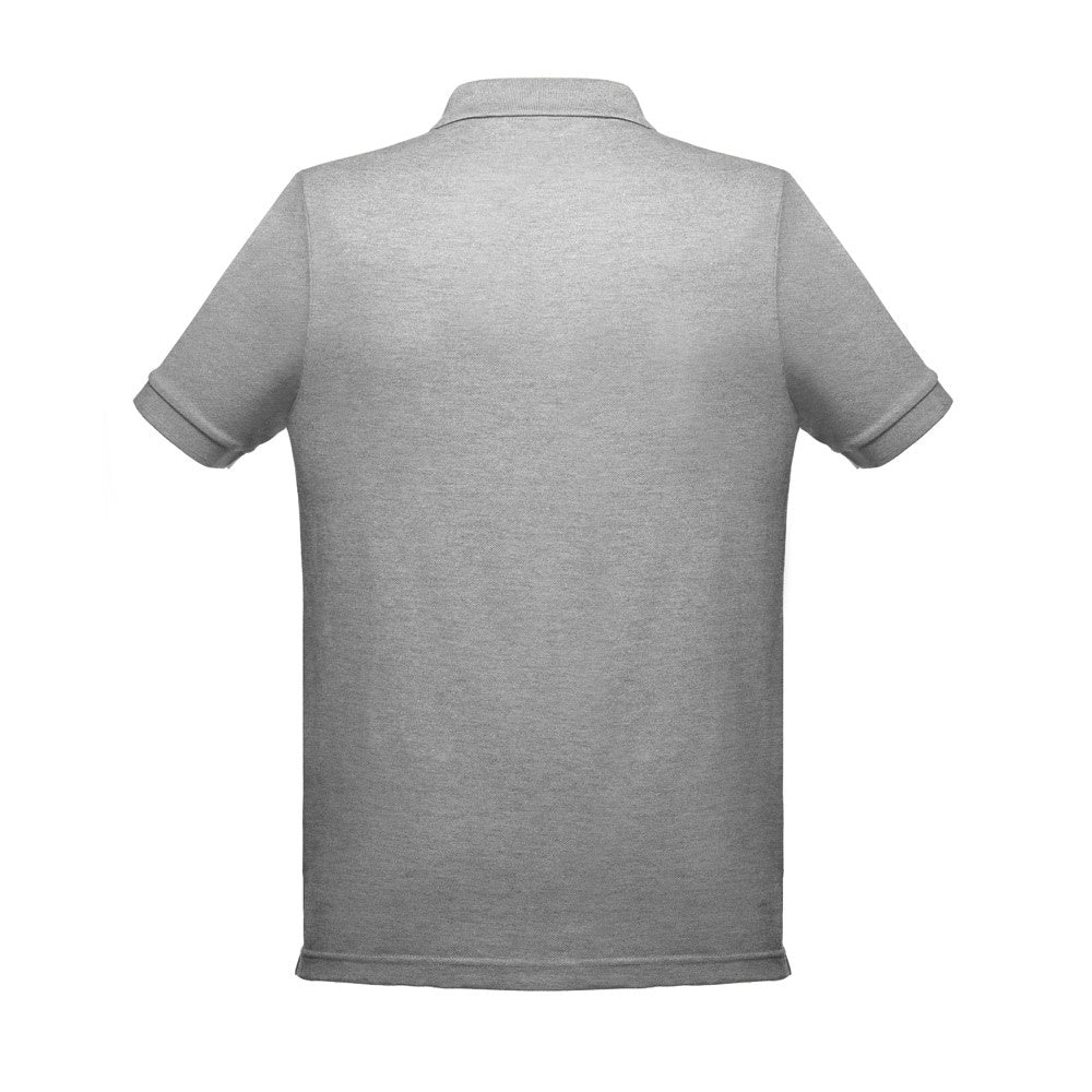 THC BERLIN promotional polo shirt in heather light grey (detail view) with custom logo branding