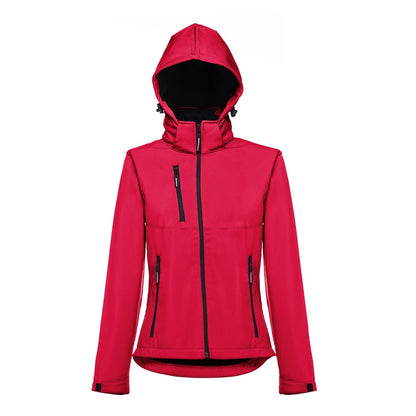 THC ZAGREB WOMEN promotional jacket in red (detail view) with custom logo branding
