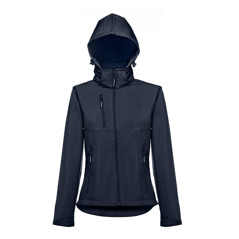 THC ZAGREB WOMEN promotional jacket in navy blue (detail view) with custom logo branding