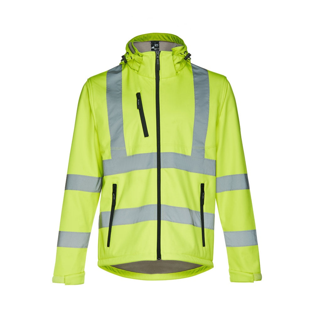 THC ZAGREB WORK promotional jacket in hexachrome yellow (detail view) with custom logo branding