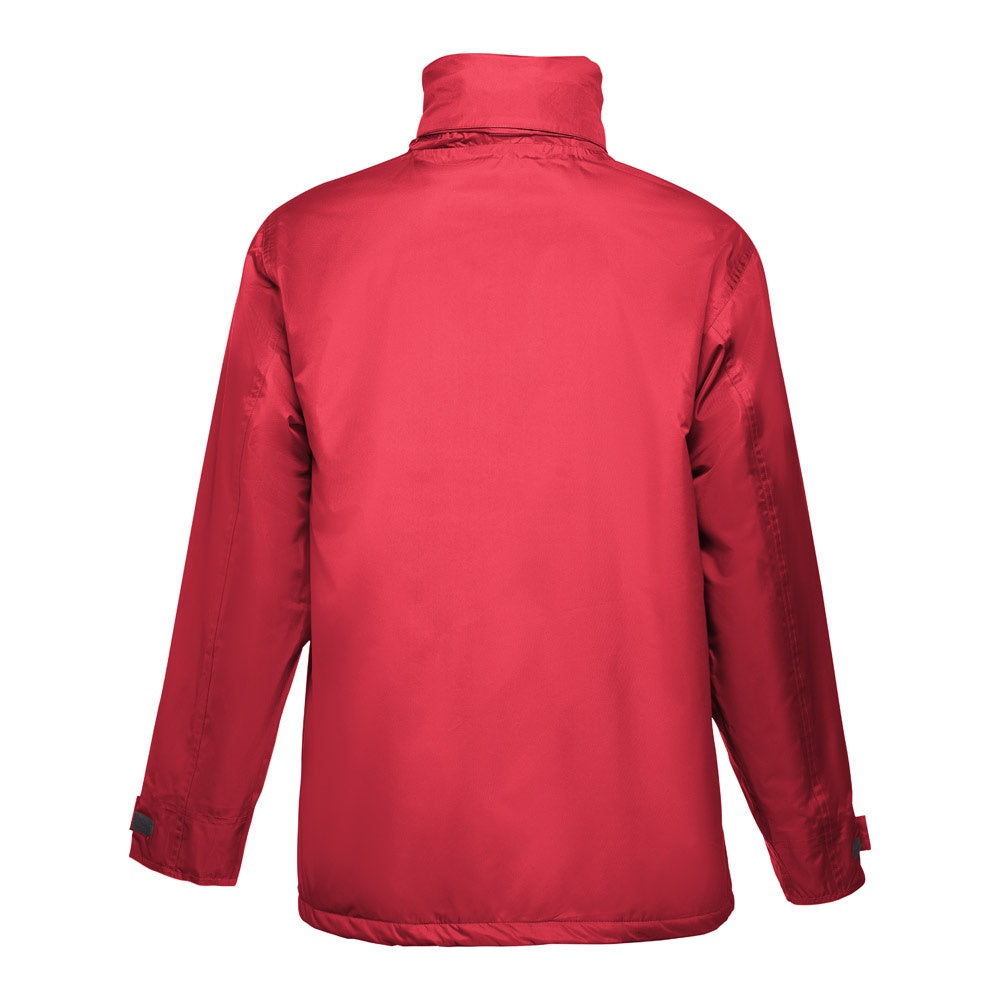 THC LIUBLIANA promotional jacket in red (detail view) with custom logo branding