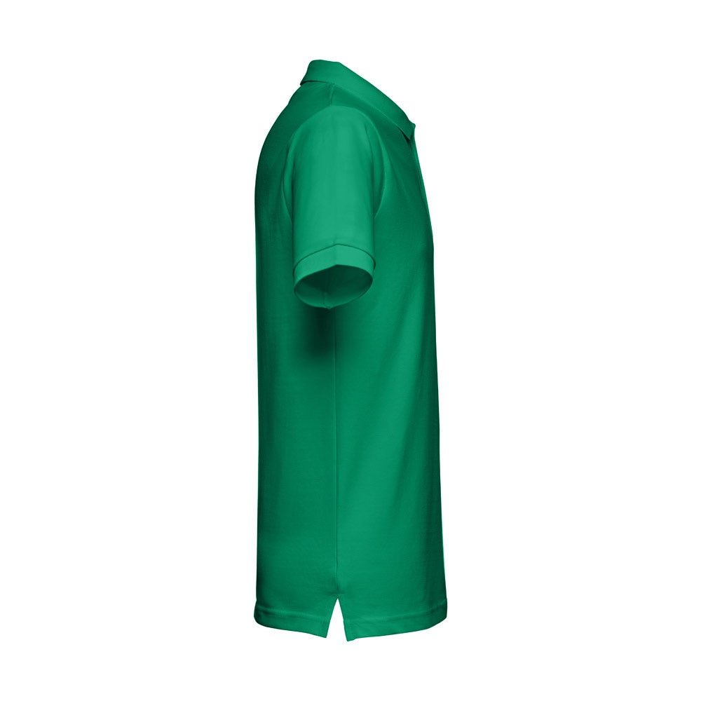 THC MONACO promotional polo shirt in green (detail view) with custom logo branding