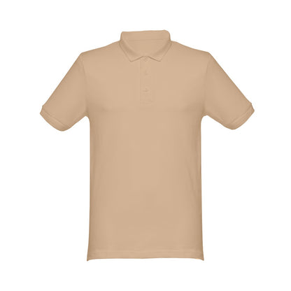 THC MONACO promotional polo shirt in light brown (detail view) with custom logo branding