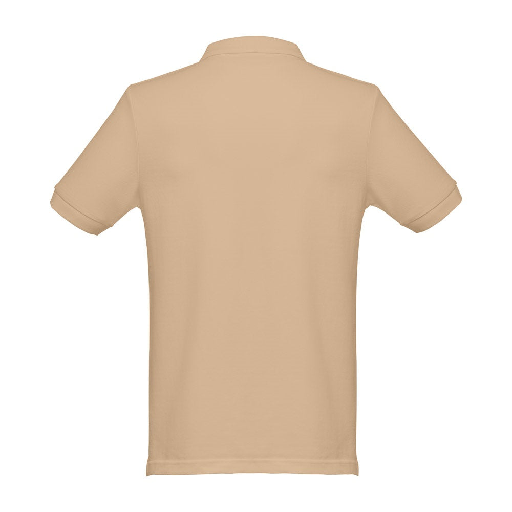 THC MONACO promotional polo shirt in light brown (detail view) with custom logo branding