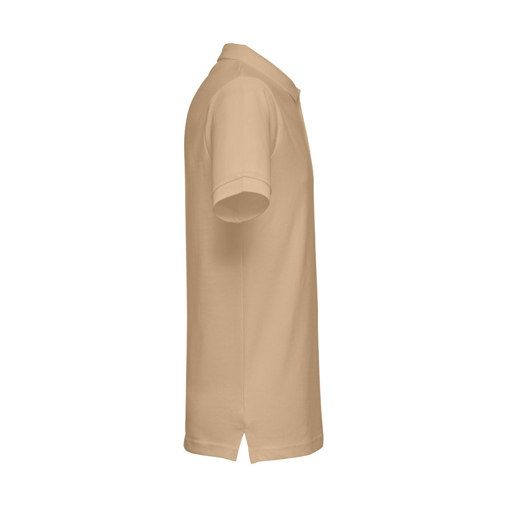 THC MONACO promotional polo shirt in light brown (detail view) with custom logo branding