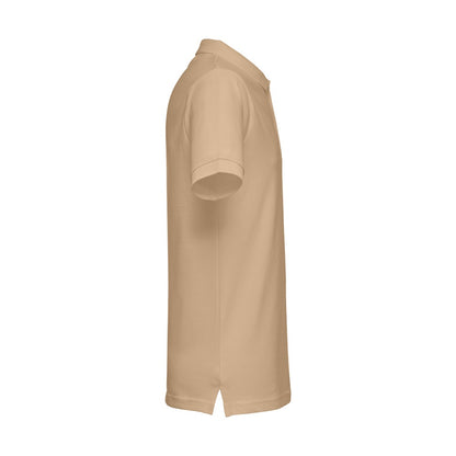 THC MONACO promotional polo shirt in light brown (detail view) with custom logo branding