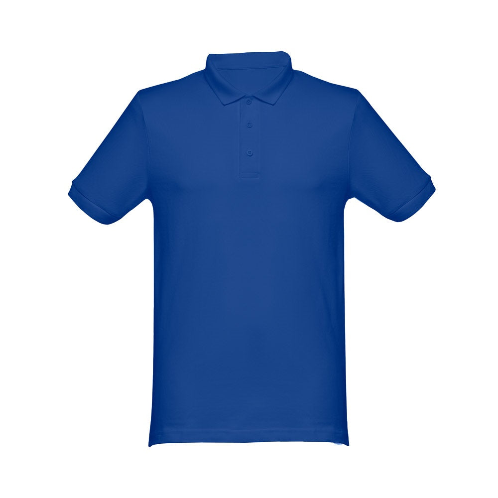 THC MONACO promotional polo shirt in royal blue (detail view) with custom logo branding