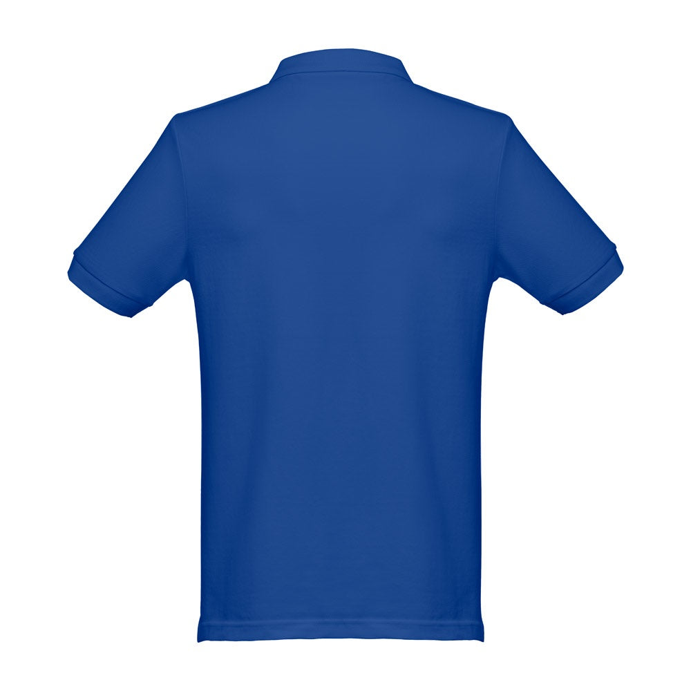 THC MONACO promotional polo shirt in royal blue (detail view) with custom logo branding