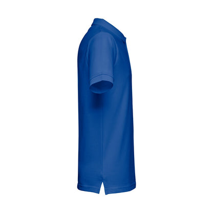 THC MONACO promotional polo shirt in royal blue (detail view) with custom logo branding