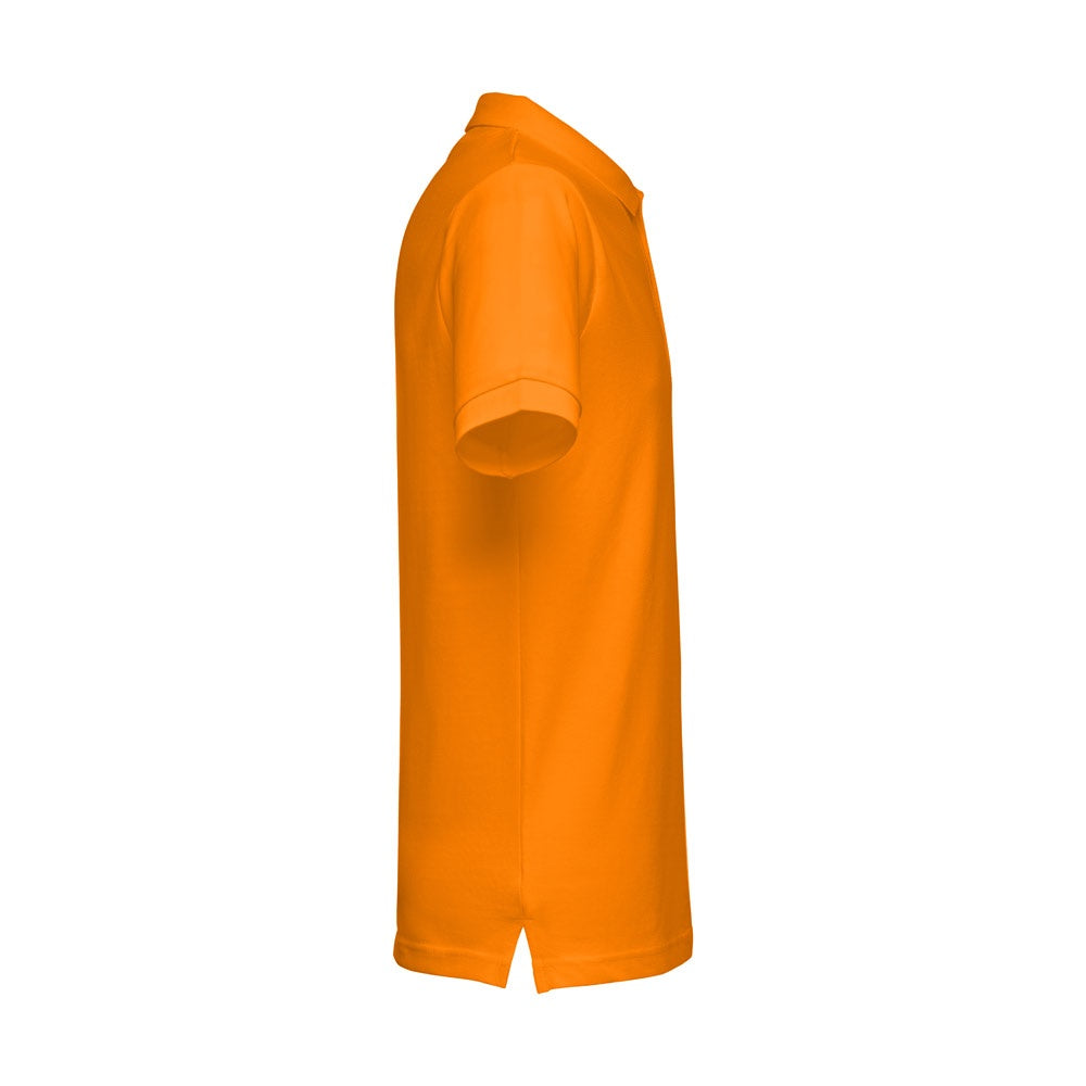 THC MONACO promotional polo shirt in orange (detail view) with custom logo branding