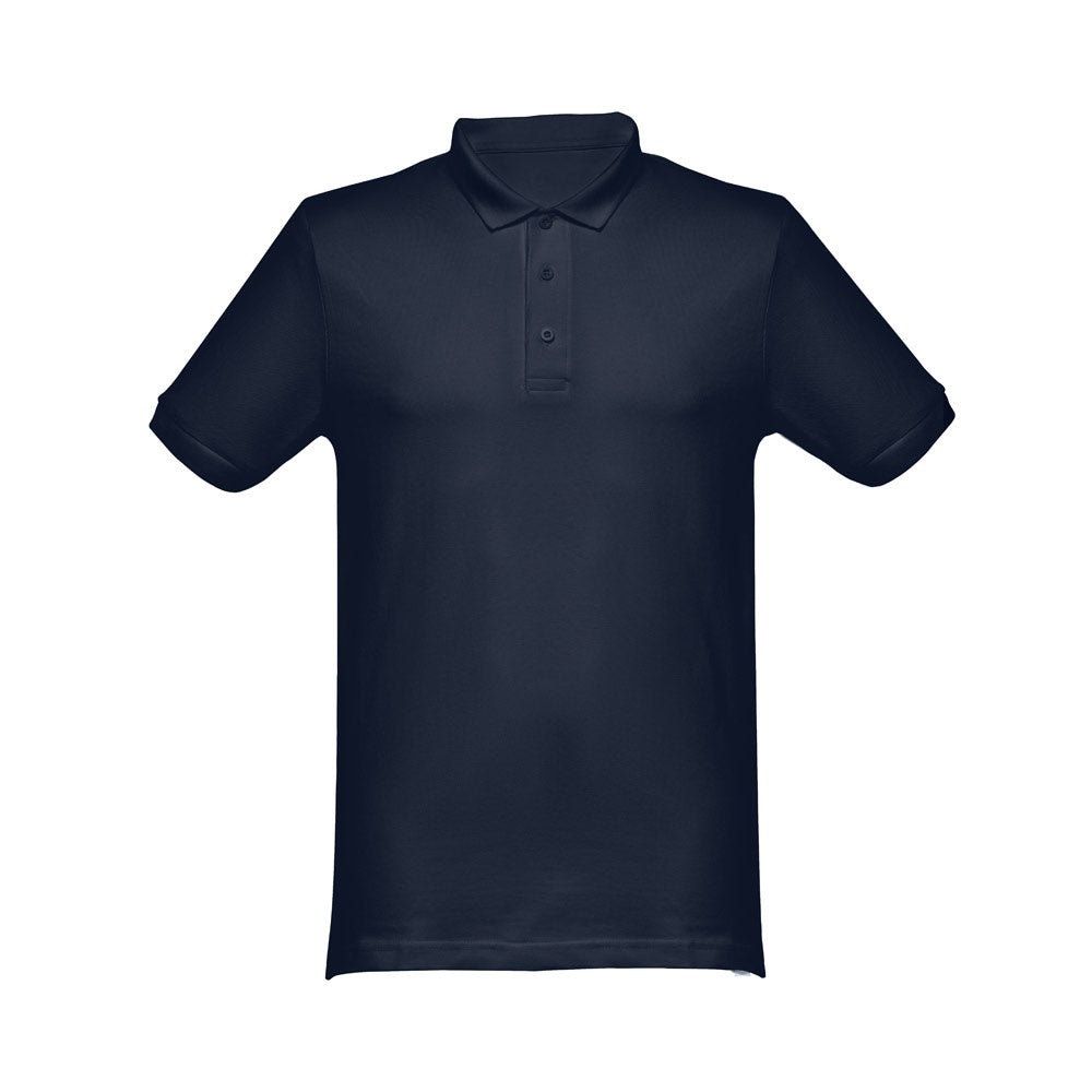 THC MONACO promotional polo shirt in navy blue (detail view) with custom logo branding