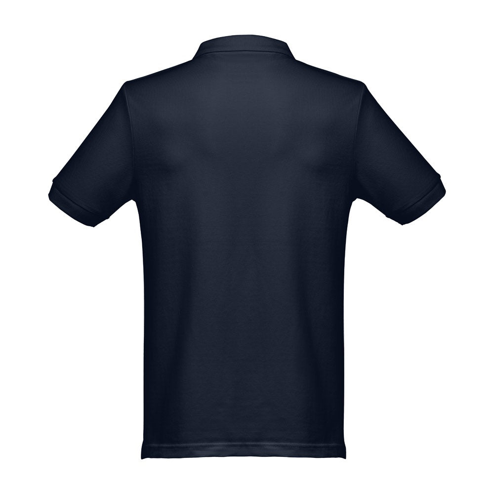THC MONACO promotional polo shirt in navy blue (detail view) with custom logo branding