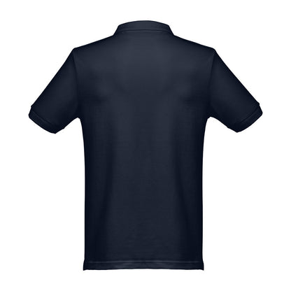 THC MONACO promotional polo shirt in navy blue (detail view) with custom logo branding