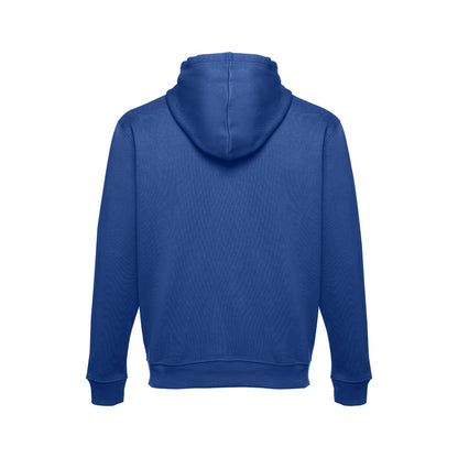 THC MOSCOW promotional sweatshirt in royal blue (detail view) with custom logo branding