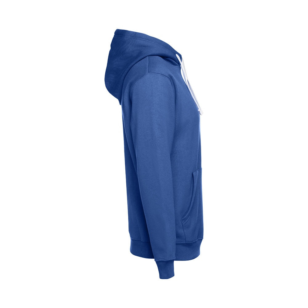 THC MOSCOW promotional sweatshirt in royal blue (detail view) with custom logo branding