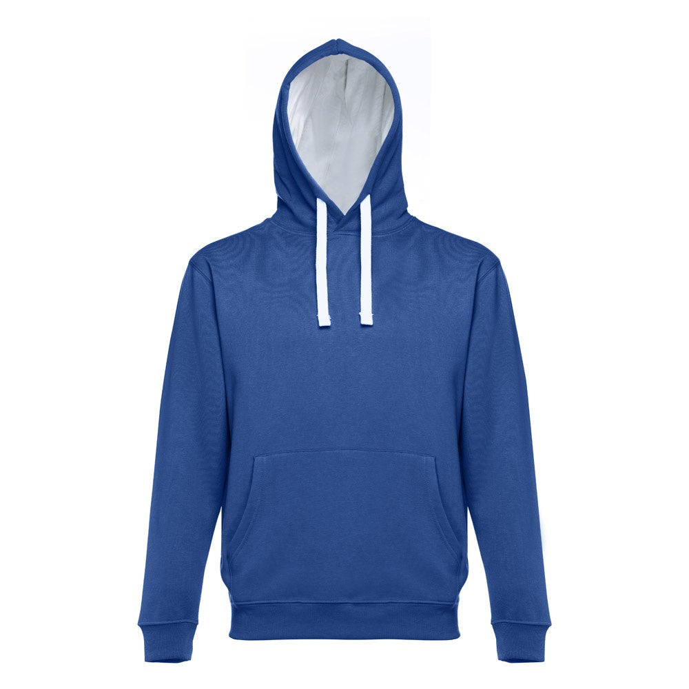 THC MOSCOW promotional sweatshirt in royal blue (detail view) with custom logo branding