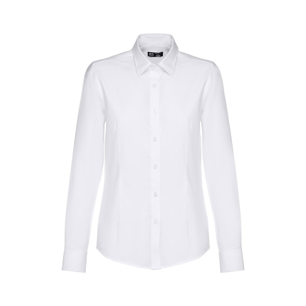 THC TOKYO WOMEN WH promotional corporate shirt in white (detail view) with custom logo branding