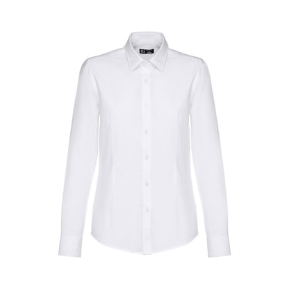 THC TOKYO WOMEN WH promotional corporate shirt in white (detail view) with custom logo branding
