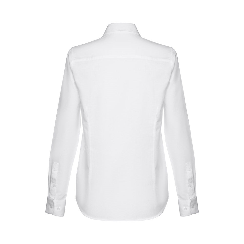 THC TOKYO WOMEN WH promotional corporate shirt in white (detail view) with custom logo branding