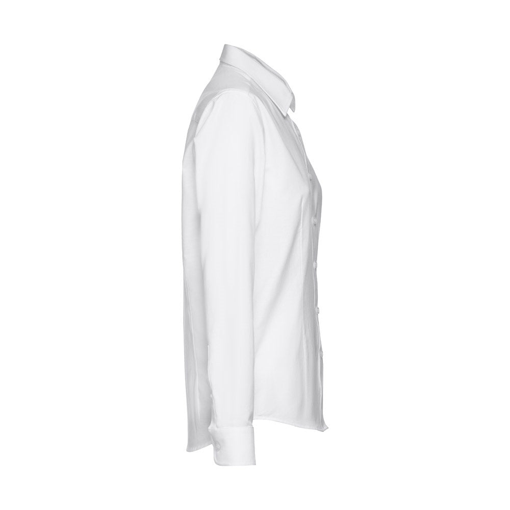 THC TOKYO WOMEN WH promotional corporate shirt in white (detail view) with custom logo branding