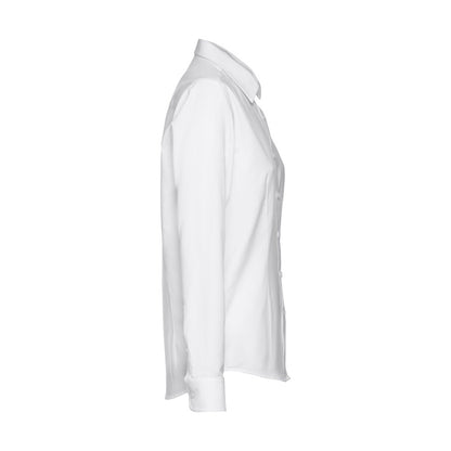THC TOKYO WOMEN WH promotional corporate shirt in white (detail view) with custom logo branding