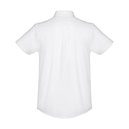 THC LONDON WH promotional corporate shirt in white (detail view) with custom logo branding