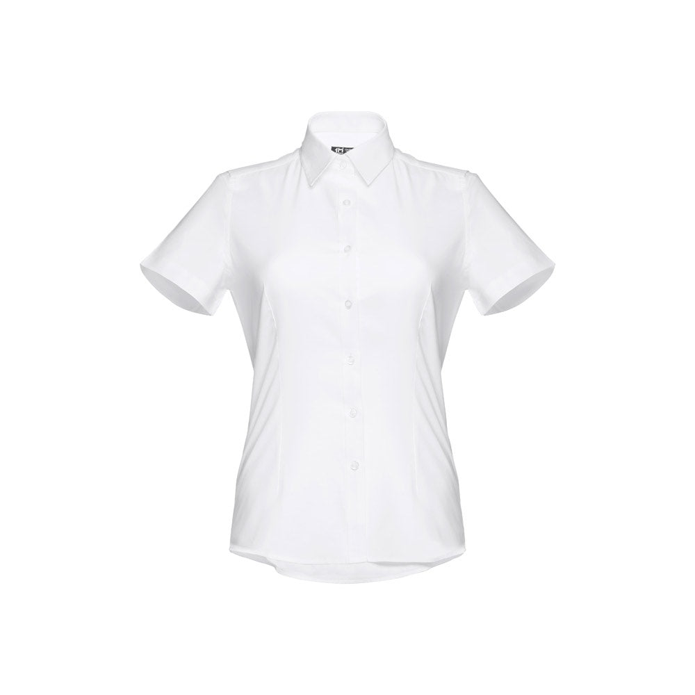 THC LONDON WOMEN WH promotional corporate shirt in white (detail view) with custom logo branding