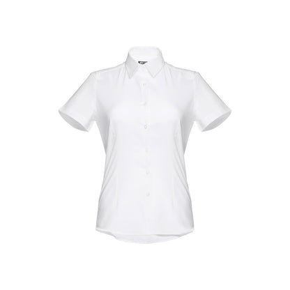 THC LONDON WOMEN WH promotional corporate shirt in white (detail view) with custom logo branding