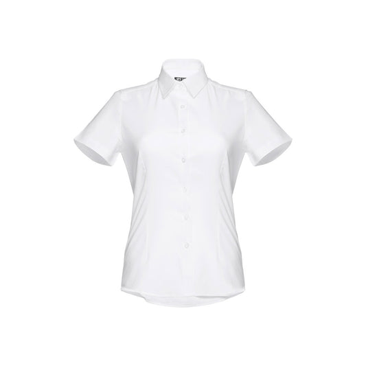 THC LONDON WOMEN WH promotional corporate shirt in white (detail view) with custom logo branding