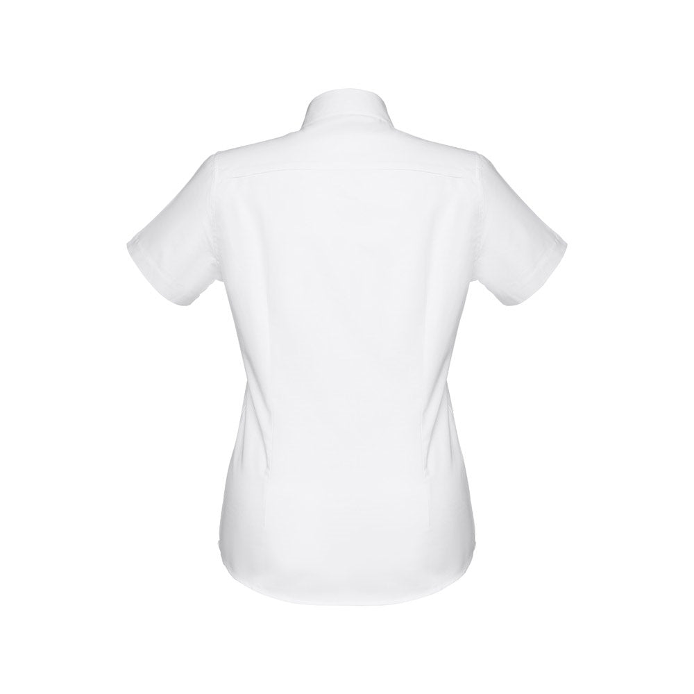 THC LONDON WOMEN WH promotional corporate shirt in white (detail view) with custom logo branding
