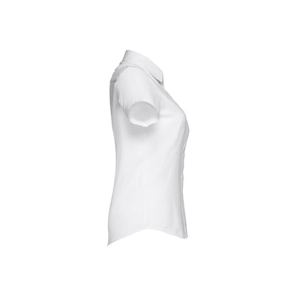 THC LONDON WOMEN WH promotional corporate shirt in white (detail view) with custom logo branding