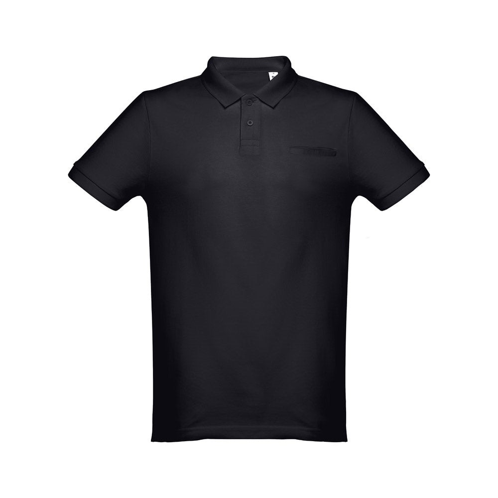 THC DHAKA promotional polo shirt in black (detail view) with custom logo branding