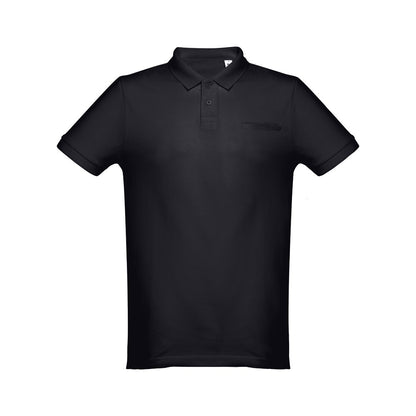 THC DHAKA promotional polo shirt in black (detail view) with custom logo branding
