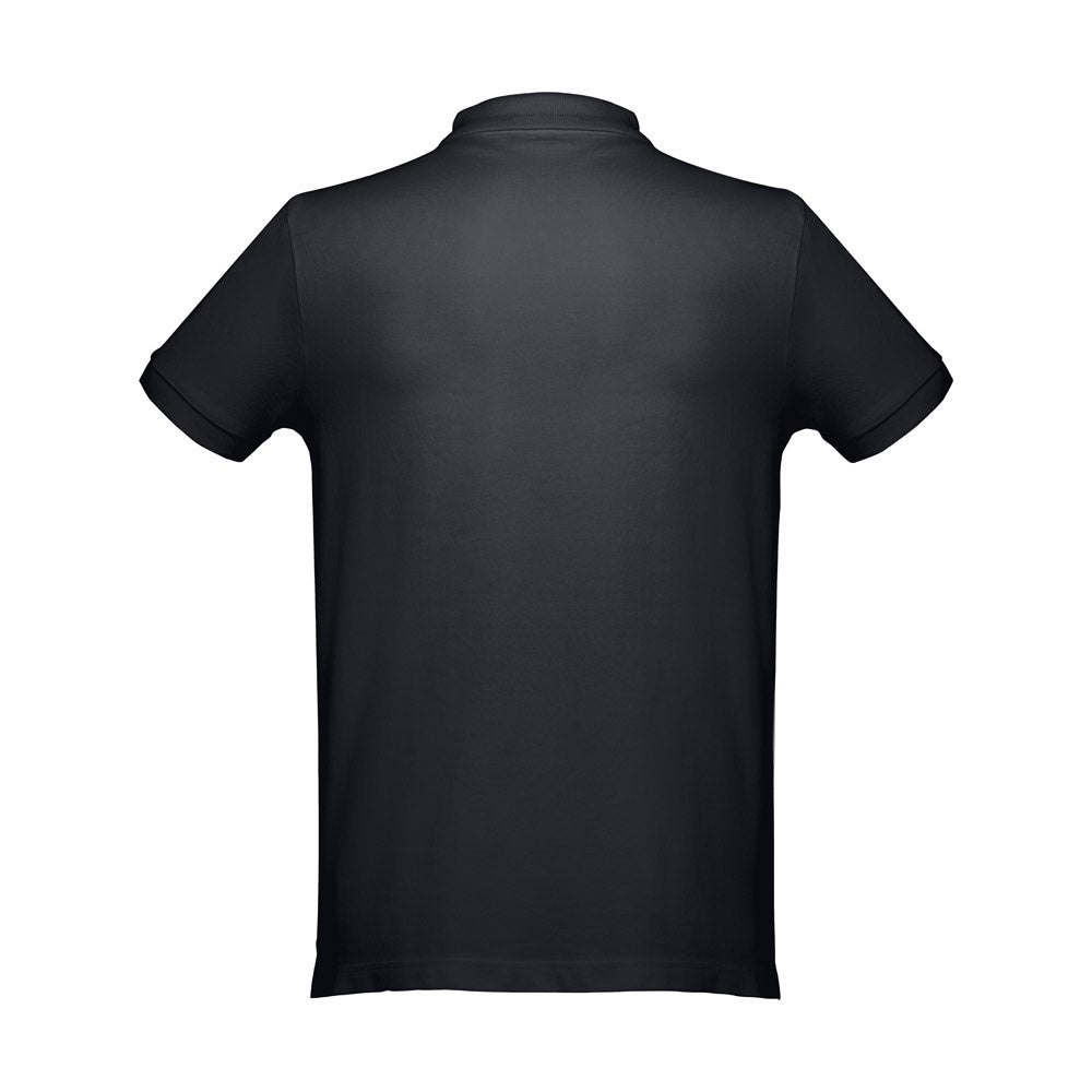 THC DHAKA promotional polo shirt in black (detail view) with custom logo branding