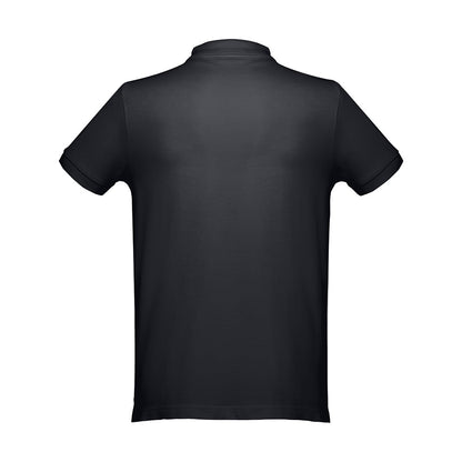 THC DHAKA promotional polo shirt in black (detail view) with custom logo branding
