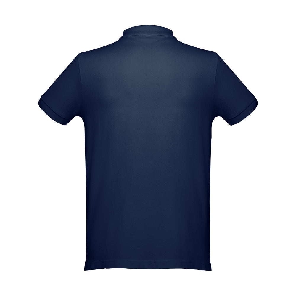 THC DHAKA promotional polo shirt in blue (detail view) with custom logo branding